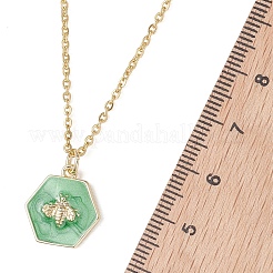 Brass Enamel Green Hexagon with Bee Pendant 304 Stainless Steel Cable Chain Necklaces for Women&nbsp;NJEW-JN05994