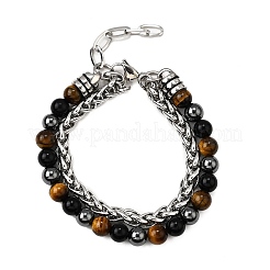 Natural Tiger Eye & Obsidian & Hematite Round Beads Multi-strand Bracelets&nbsp;BJEW-D330-02P-09