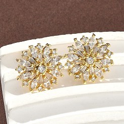 Flower Brass Micro Pave Clear Cubic Zirconia Studs Earrings&nbsp;EJEW-K289-11G