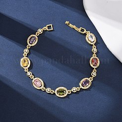 Oval Brass Micro Pave Cubic Zirconia Link Chain Bracelets for Women&nbsp;BJEW-D387-04G-06