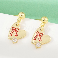 Brass Micro Pave Clear Cubic Zirconia Heart Dangle Stud Earrings&nbsp;EJEW-S277-12G