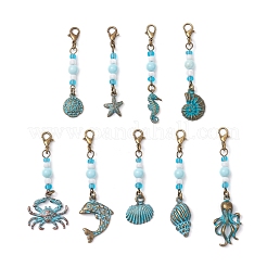 9Pcs Ocean Theme Alloy Charm & Glass Beads Pendant Decorations&nbsp;HJEW-JM03158