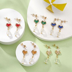 Glass Heart with Acrylic Flower Dangle Stud Earrings&nbsp;EJEW-MZ00077