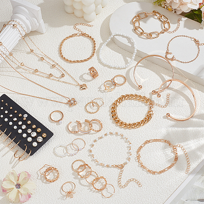 Alloy Rings & Necklaces &  Bracelets & Bangles & Earrings Set&nbsp;SJEW-UN0001-19-1