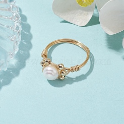Natural Pearl Round Braided Bead Style Rings&nbsp;RJEW-JR00609