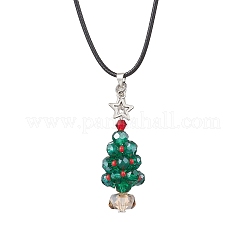 Electroplate Glass Beaded Dark Cyan Christmas Tree & Alloy Star Pendant Black Waxed Cotton Cord Necklaces&nbsp;NJEW-MZ00123-02