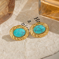 Stainless Steel Synthetic Turquoise Oval Stud Earrings&nbsp;RJ5087