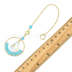 Ocean Theme Glass Round Beads & Teardrop Suncatcher with Brass Charm&nbsp;HJEW-JM04939