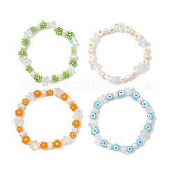 Handmade Millefiori Glass & Opalite & Natural Cultured Freshwater Pearl Beaded Stretch Bracelets for Women&nbsp;BJEW-JB13945