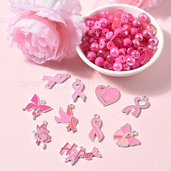 Breast Cancer Pink Awareness Ribbon Theme Alloy Enamel Pendants & Acrylic & Polymer Clay Beads Finding Kits&nbsp;DIY-YW0016-34