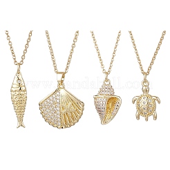 4Pcs 4 Styles Ocean Theme Brass Micro Pave Clear Cubic Zirconia Fish Turtle Shell Shape Pendant 304 Stainless Steel Cable Chain Necklaces for Women&nbsp;NJEW-JN05408