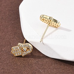 Hamsa Hand Brass Micro Pave Clear Cubic Zirconia Stud Earrings&nbsp;EJEW-H178-07G