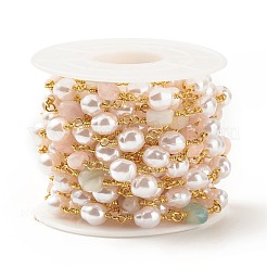 Natural Morganite Chips & ABS Pearl Beaded Chains&nbsp;CHC-E024-06G-03