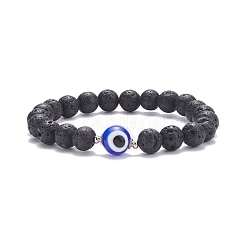 Natural Lava Rock Round Beaded Stretch Bracelet with Evil Eye Lampwork&nbsp;BJEW-JB07838