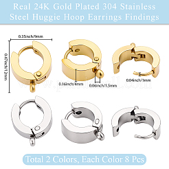 16Pcs 2 Colors 304 Stainless Steel Huggie Hoop Earrings Findings&nbsp;STAS-BBC0009-68B