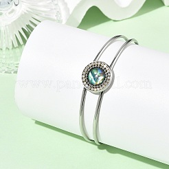 Natural Paua Shell Flat Round 304 Stainless Steel Open Cuff Bangles&nbsp;BJEW-JB14372-02