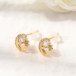 Brass Micro Pave Clear Cubic Zirconia Moon Stud Earrings&nbsp;EJEW-C158-10G