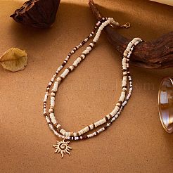 Alloy Sun Pendant Natural Coconut & Glass Seed Beaded Double Layer Necklaces&nbsp;FS-WGD8A96-01