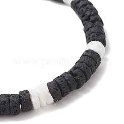 Natural Lava Rock & White Shell Flat Round Beads Stretch Bracelets for Women&nbsp;BJEW-JB12462-02