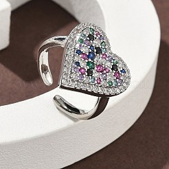 Heart Brass Micro Pave Cubic Zirconia Cuff Rings for Women&nbsp;RJEW-A069-12P-04