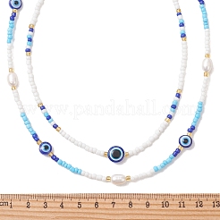 2Pcs 2 Styles Natural Pearl & Blue Resin Evil Eye & Glass Seed Beaded Necklaces for Women&nbsp;NJEW-MZ00152