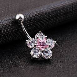 Piercing Jewelry Real Platinum Plated Brass Star Flower Rhinestone Navel Ring Belly Rings&nbsp;AJEW-EE0001-21B