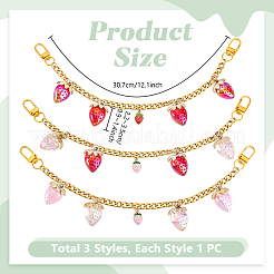 3Pcs 3 Styles Transparent Acrylic Red and Pink Strawberry Charm 304 Stainless Steel Curb Chain Bag Decorative Chains&nbsp;HJEW-PH02275
