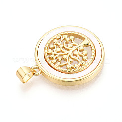 Brass Pave Natural Shell Hollow Flat Round with Tree of Life Pendants&nbsp;KK-N268-26G