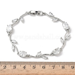 Brass Micro Pave Cubic Zirconia Oval & Leaf Link Chain Bracelets for Women&nbsp;BJEW-G764-05P-02