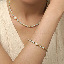 Natural Shoushan Stone & Freshwater Pearl & Brass Rondelle Beaded Necklaces & Beaded Bracelets Sets&nbsp;WG98AF4-01