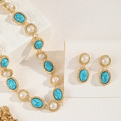 Oval Synthetic Turquoise & Imitation Pearl Earrings & Necklaces Sets for Women&nbsp;FS-WGC1BDB-01