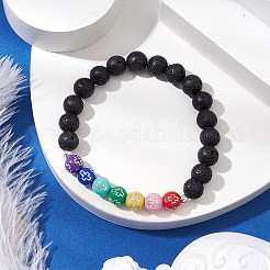 Charka Theme Natural Lava Rock Round Beaded Stretch Bracelets&nbsp;BJEW-JB11136