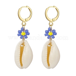 4 Pair 4 Color Natural Cowrie Shell with Glass Seed Flower Dangle Hoop Earrings Set&nbsp;EJEW-TA00177