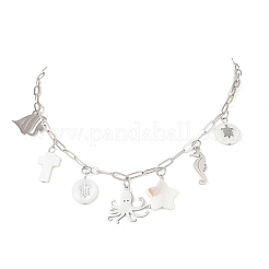 Alloy & Natural White Shell Pendant Brass Paperclip Chain Necklaces for Women&nbsp;NJEW-JN05406-03