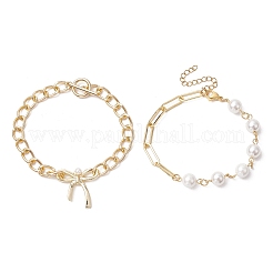 2Pcs 2 Styles Bowknot Aluminium Twisted Curb Chains Bracelet & Brass Paperclip & Shell Pearl Chains Bracelet Set for Women&nbsp;BJEW-JB11601