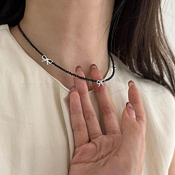 925 Sterling Silver Natural Black Tourmaline Butterfly Bow Necklace Women&nbsp;QP6489-1
