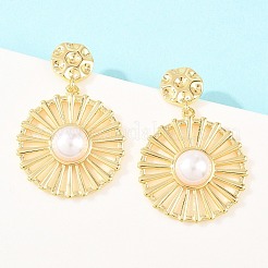 Flat Round Brass & ABS Imitation Pearl Dangle Stud Earrings&nbsp;EJEW-T051-04G