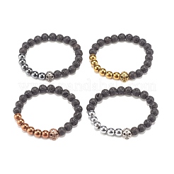 4Pcs 4 Color Natural Lava Rock & Synthetic Hematite Round Beaded Stretch Bracelets Set&nbsp;BJEW-JB07886