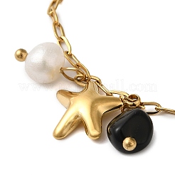 Natural Obsidian & Fresheater Pearl & Starfish Charm Bracelets&nbsp;BJEW-K237-06G-01