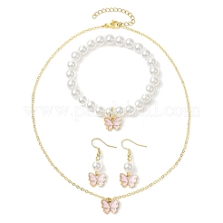 Alloy Enamel Butterfly Charm Necklaces & Dangle Earring & ABS Plastic Imitation Pearl Beads Bracelets Sets&nbsp;SJEW-JS01315-01