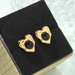 Natural Obsidian & Ion Plating(IP) 304 Stainless Steel Heart Stud Earrings&nbsp;EJEW-A118-04G-01