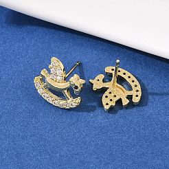 Brass Micro Pave Clear Cubic Zirconia Hobbyhorse Stud Earrings&nbsp;EJEW-F400-06G