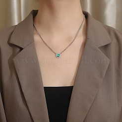Square Stainless Steel Fern Green Pendant Cuban Link Chain Pendant Necklaces for Unisex&nbsp;QK1004-2