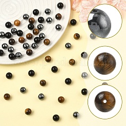 60Pcs 3 Styles Natural Tiger Eye & Obsidian & Synthetic Non-Magnetic Hematite Round Beads&nbsp;G-YW0002-73