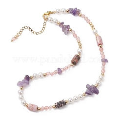 Round Cherry Quartz Glass & Natural Amethyst Chip & Rhodonite Baeded Necklaces for Women&nbsp;NJEW-JN05634