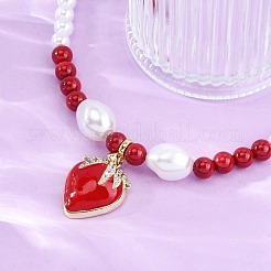 Strawberry Brass Micro Pave Clear Cubic Zirconia Red Enamel Pendant Necklaces for Women&nbsp;NJEW-G162-04G