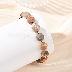 Natural Fossil Coral Faceted Flat Round Beaded Stretch Bracelets with Brass Round Beads for Women&nbsp;BJEW-JB14168