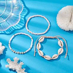 Summer Beach Natural Mixed Cowrie Shell Glass & Alloy Beaded Stretch Bracelet & Braided Bead Bracelets Sets&nbsp;BJEW-JB10838