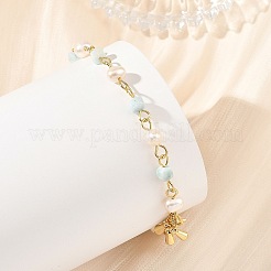 Natural Pearl & Larimar Cube Beaded Chain Bracelets for Women&nbsp;BJEW-JB14246