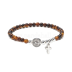 7Pcs 7 Style Natural Mixed Gemstone & Alloy Saint Benedict Medal Beaded Stretch Bracelets Set&nbsp;BJEW-JB08877